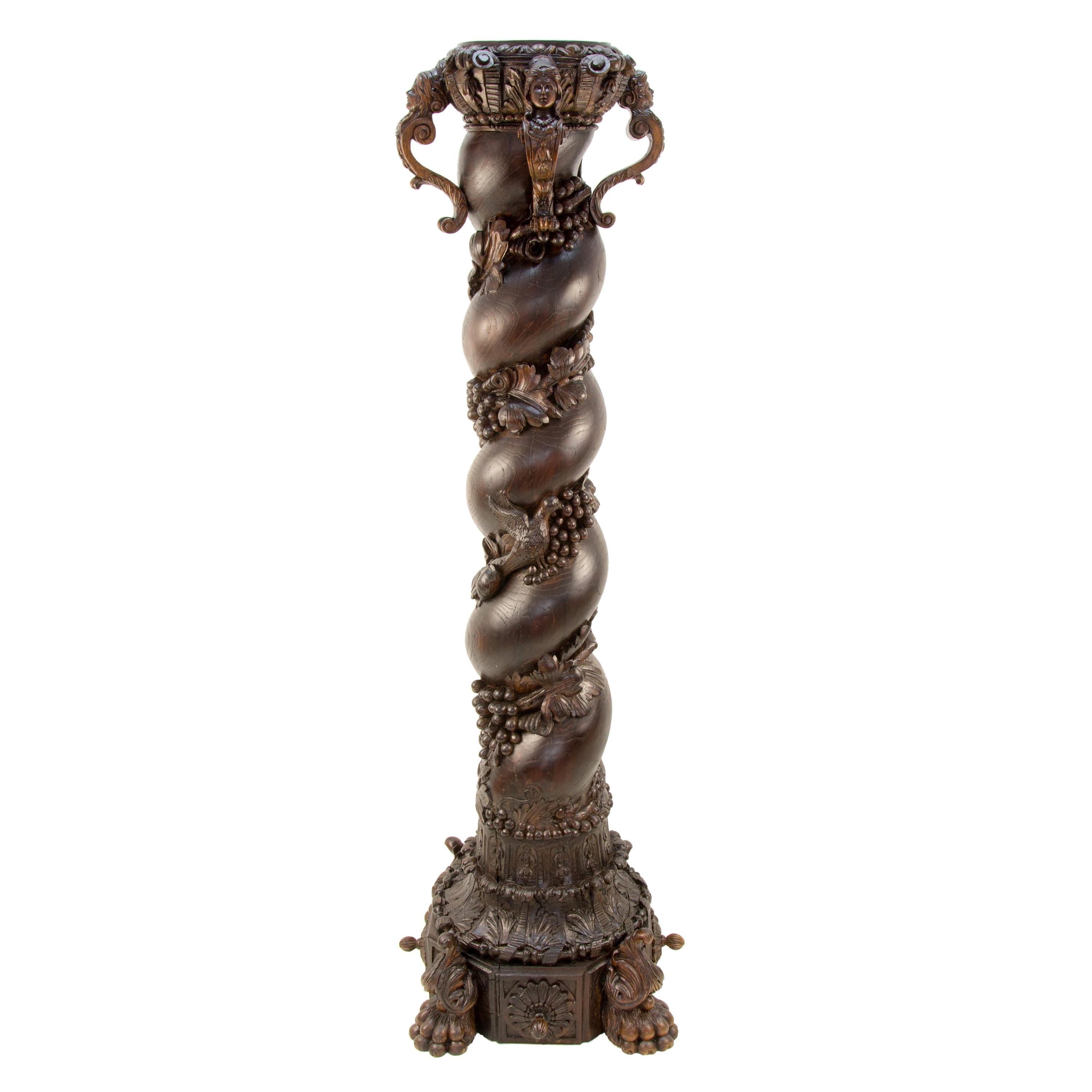 Colonne Solomon en bois de chêne sculpté à la main, baroque français du début du 20e siècle en vente