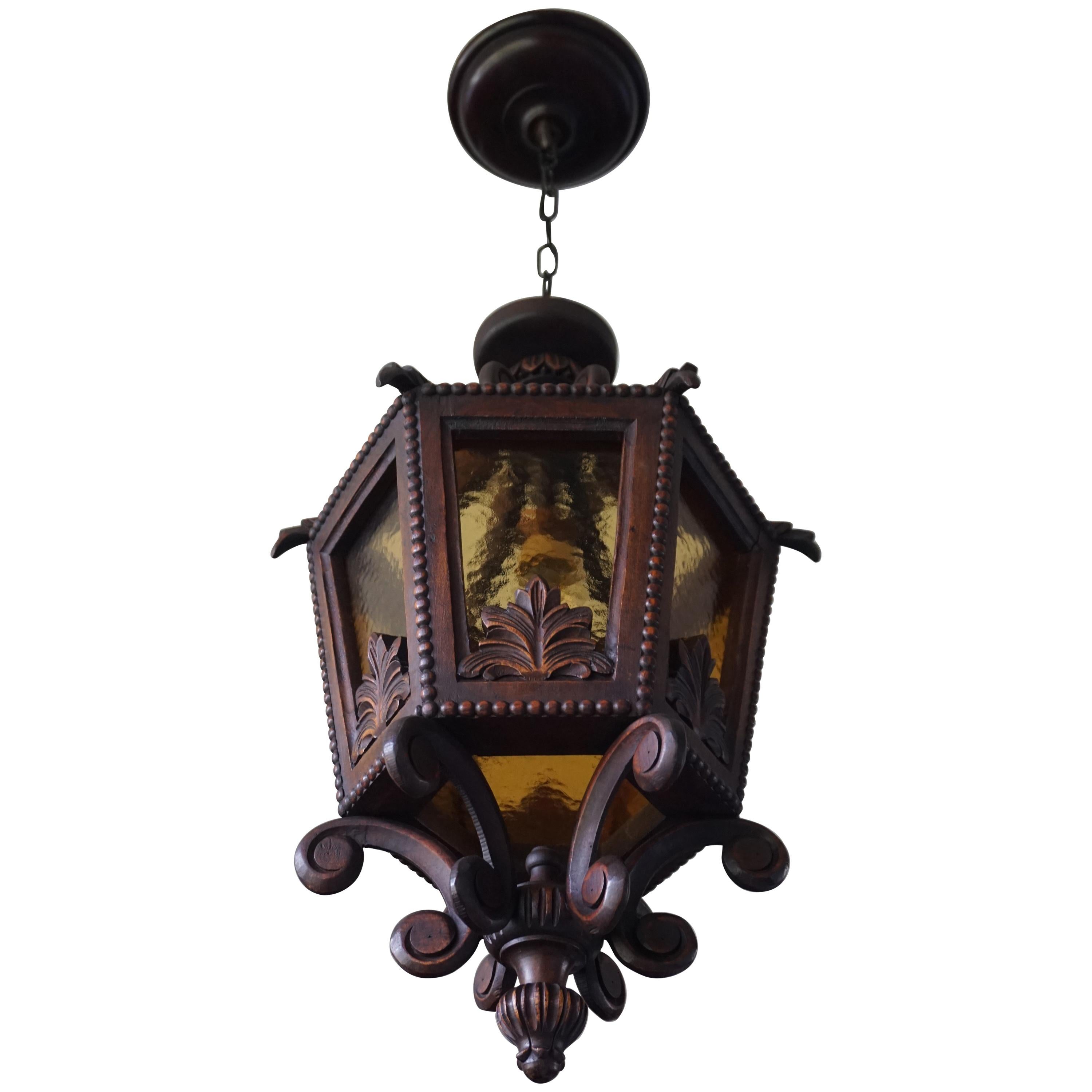 Large Hand Carved 20th Century Wooden Pendant Light with Amber Glass Panels