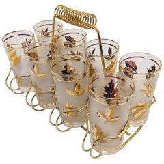 Vintage Eight Highball Black and Gold Glasses in a Brass Cart by Fred Press
