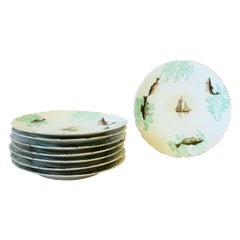 Platos llanos de porcelana francesa de Limoges con diseño rústico de pez y barco, lote de 8