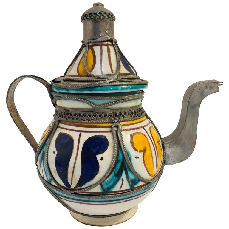 Moroccan Ceramic and Silver Filigree Decorative Tea Pot at 1stDibs