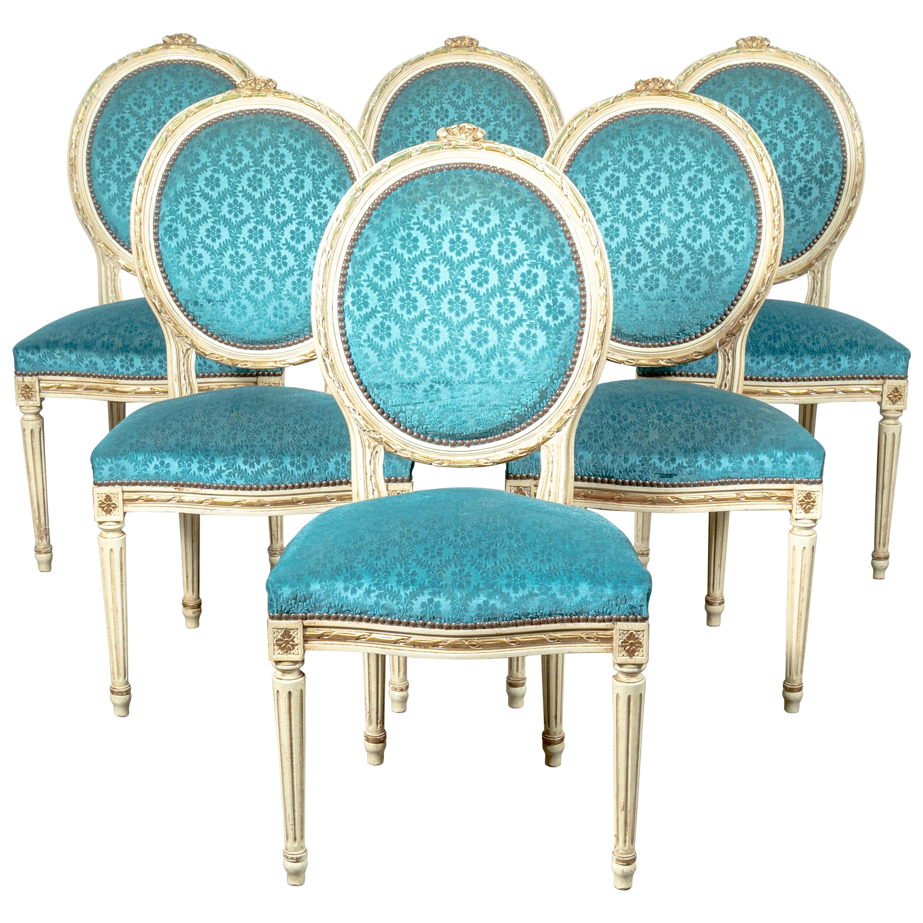 Set of Six Louis XVI Style Maison Jansen Parcel-Gilt and Painted Dining Chairs