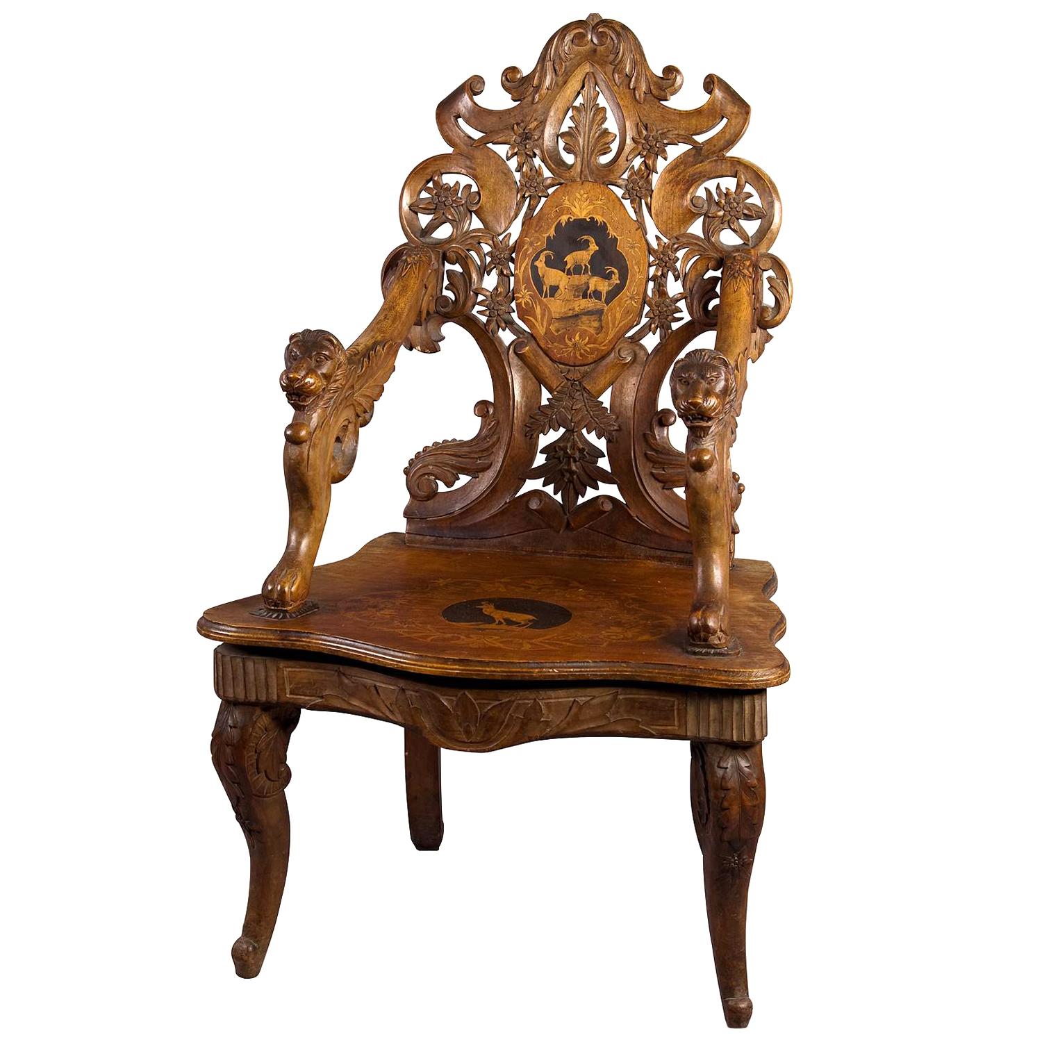Finely Carved and Inlaid Walnut Chair with Musical Work, Swiss 1900