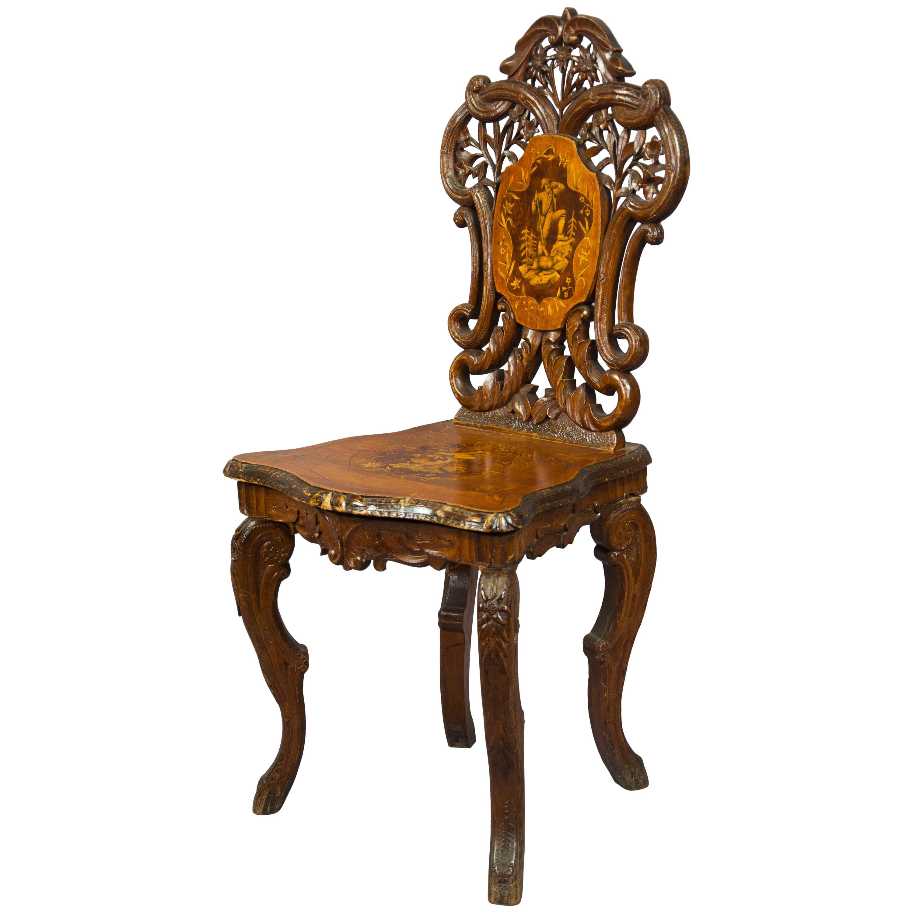 Carved and Inlaid Walnut Chair with Musical Work, Swiss, 1900