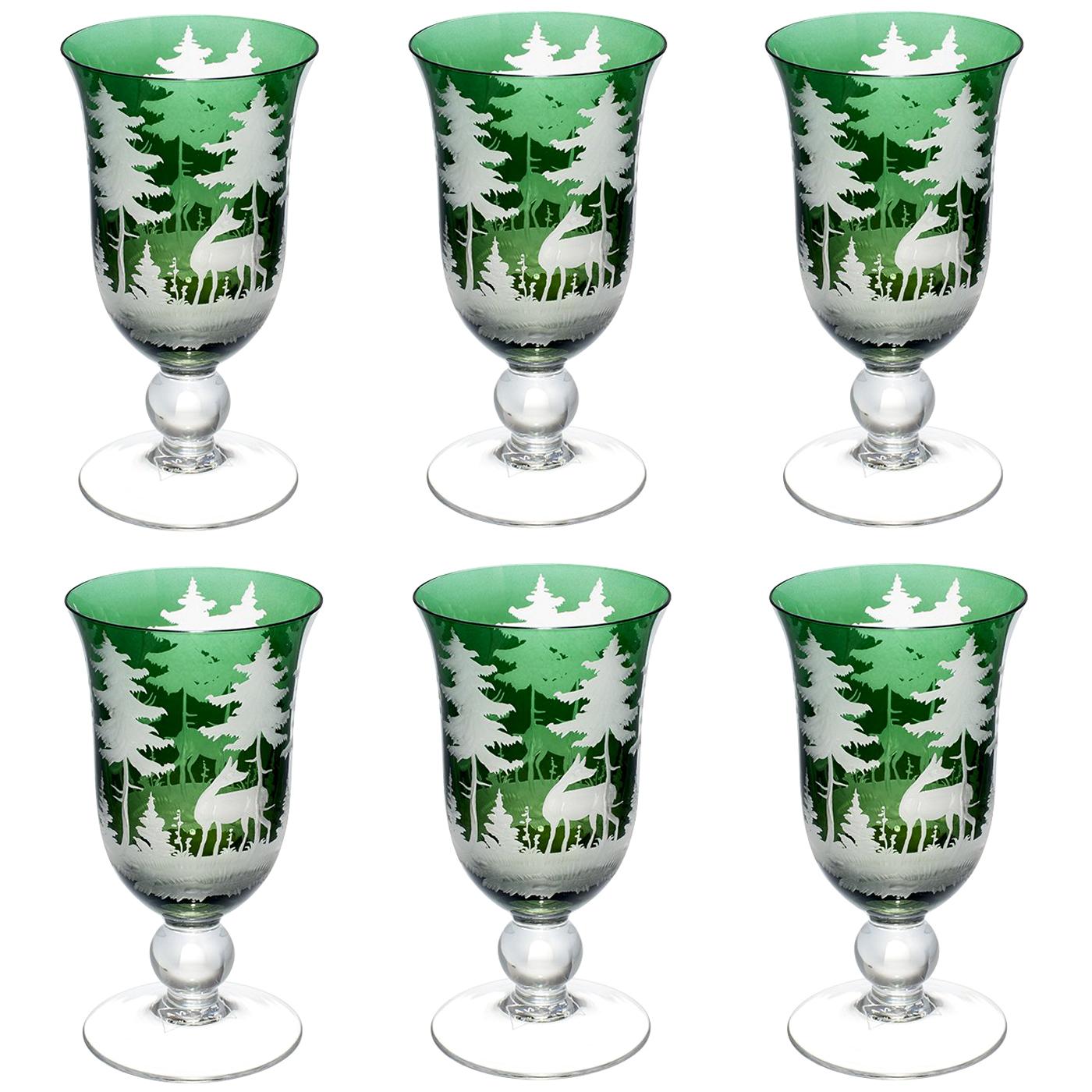 Hand Blown Wine Goblet Green Crystal Hunting Decor Sofina Boutique Kitzbuehel For Sale