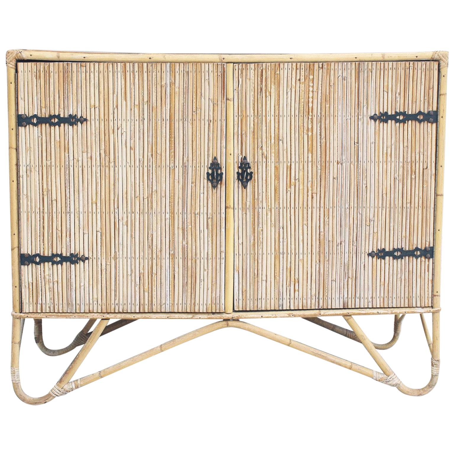 1950s Small Rattan Sideboard Cabinet in the French Riviera Style For Sale