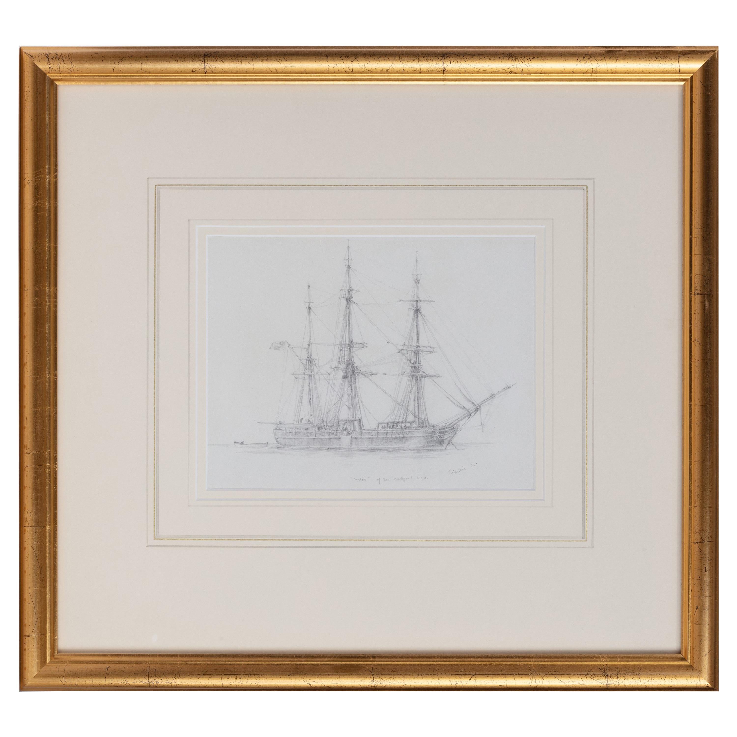Un dessin inhabituel au crayon de Canton, un navire de baleinier à trois mâts à cet instant-là en vente