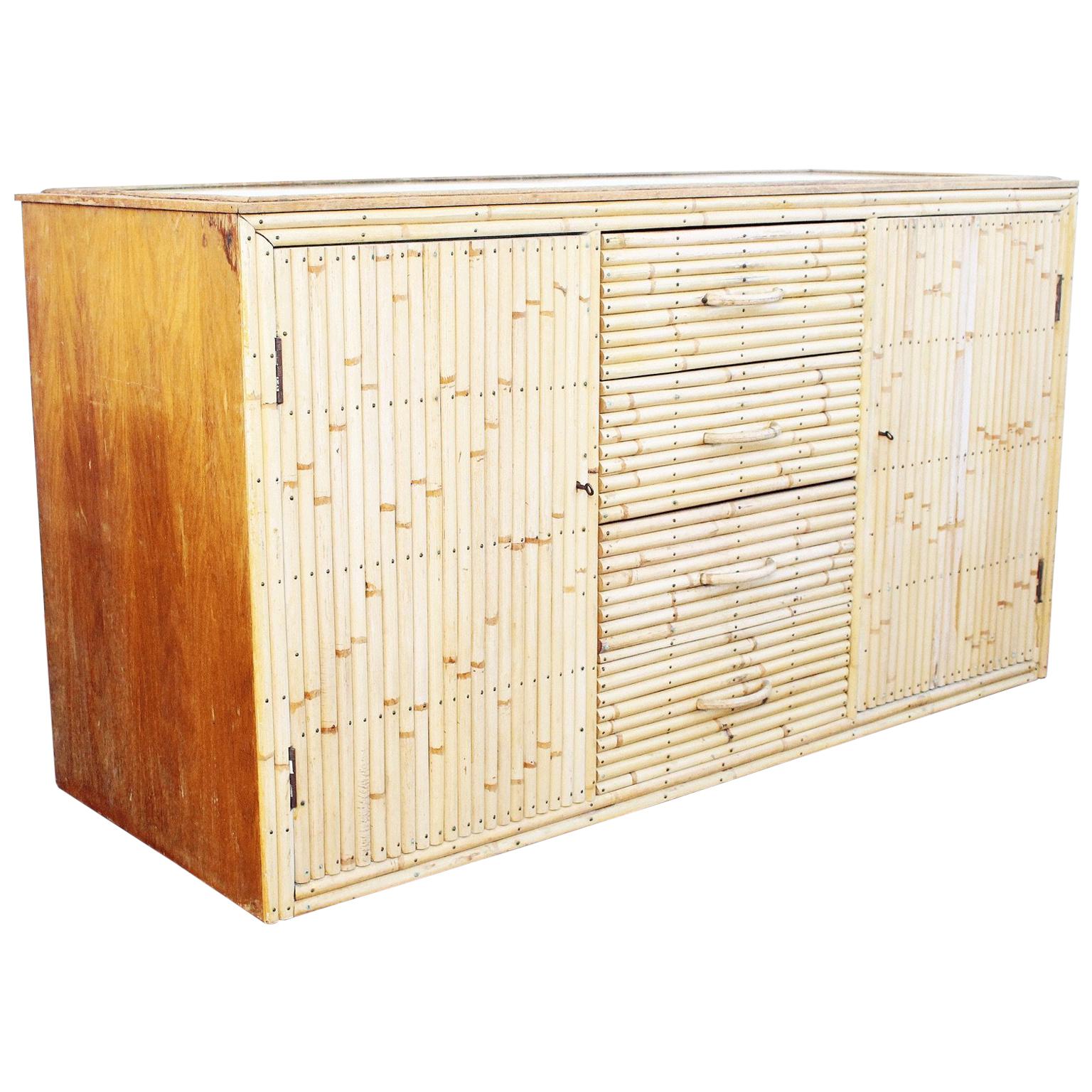 1960s Bamboo and Glass Sideboard in the Style of Gabriella Crespi
