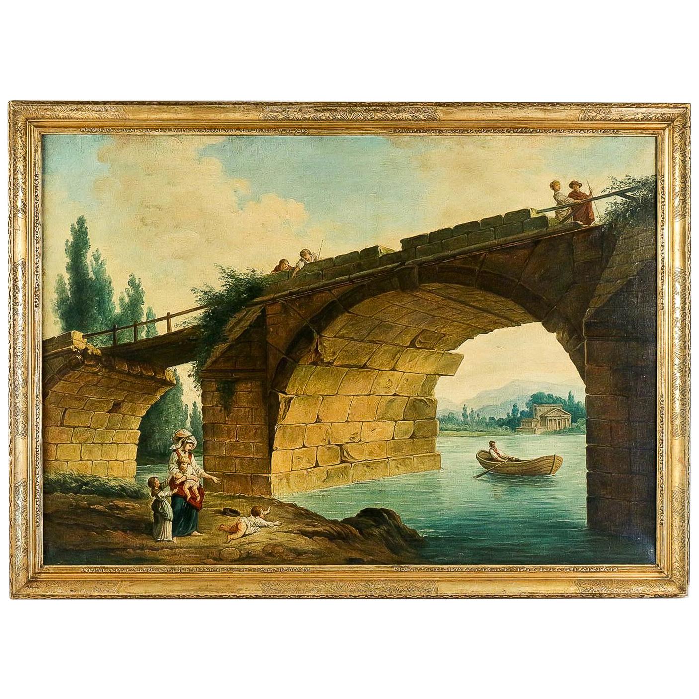 French School, the Footbridge in Ruin to the Manner of Hubert Robert, circa 1820 For Sale