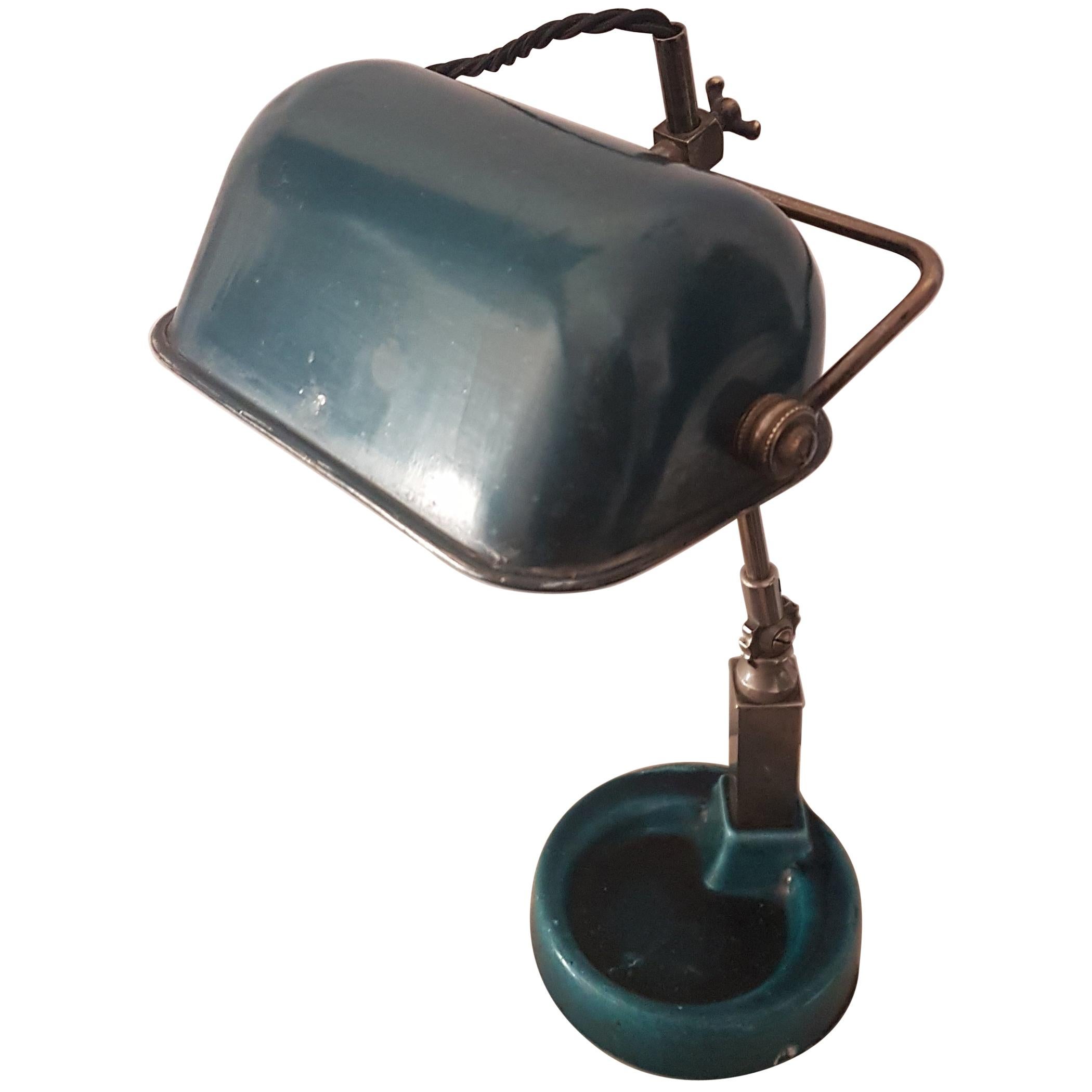 Small Blue Enameled and Chrome Bankers Lamp For Sale