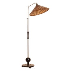 1940s, Art Deco Jugendstil Chromed Floor Lamp with Wicker Shade, Limited Edition