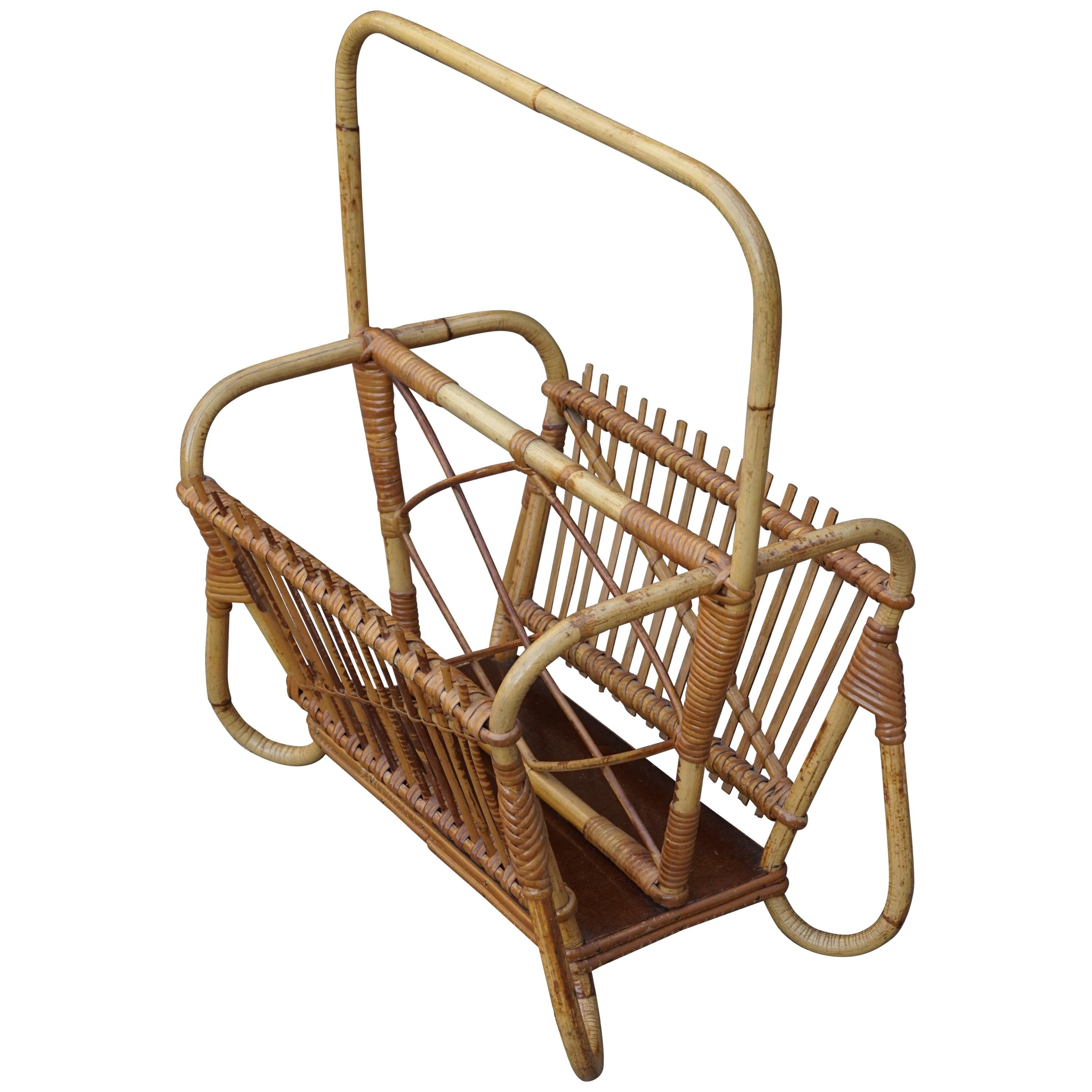 Handcrafted Midcentury Bamboo, Rattan & Wicker Newspaper and Magazine Stand For Sale