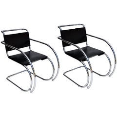 Pair of Mies van der Rohe Mr Lounge Chairs in Black Leather and Chrome