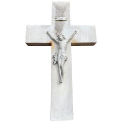 Early 1900s Hand Carved Marble Crucifix / Wall Cross with Jesus Christ Sculpture