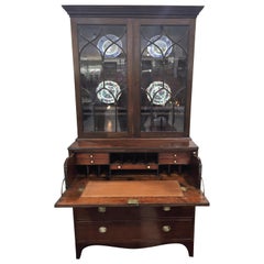 English Secretary Bookcase in Mahogany with Greek Key Inlay and Original Brasses