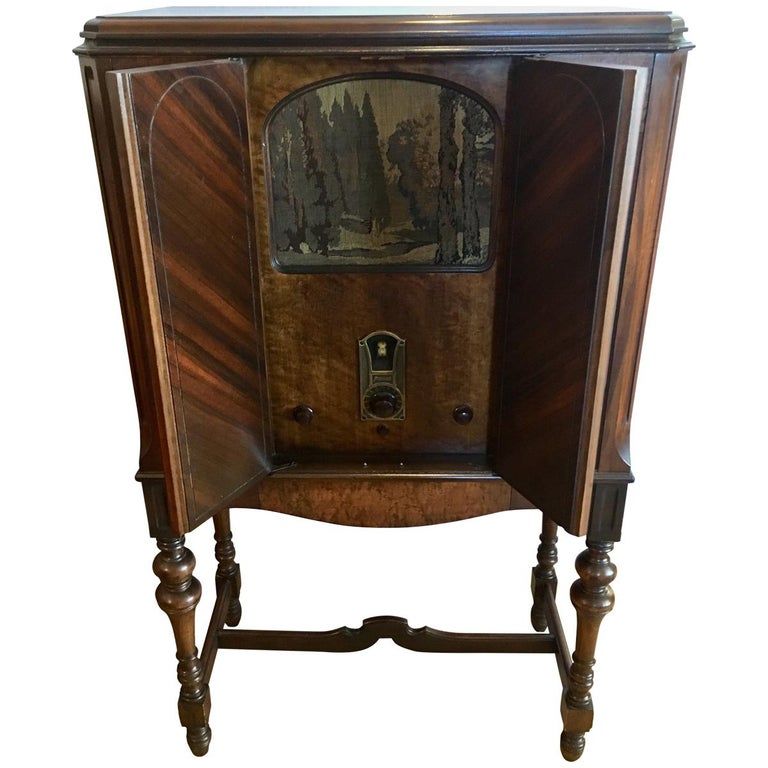 Mahogany Philco 1920s Music Radio with Needlepoint and Carved