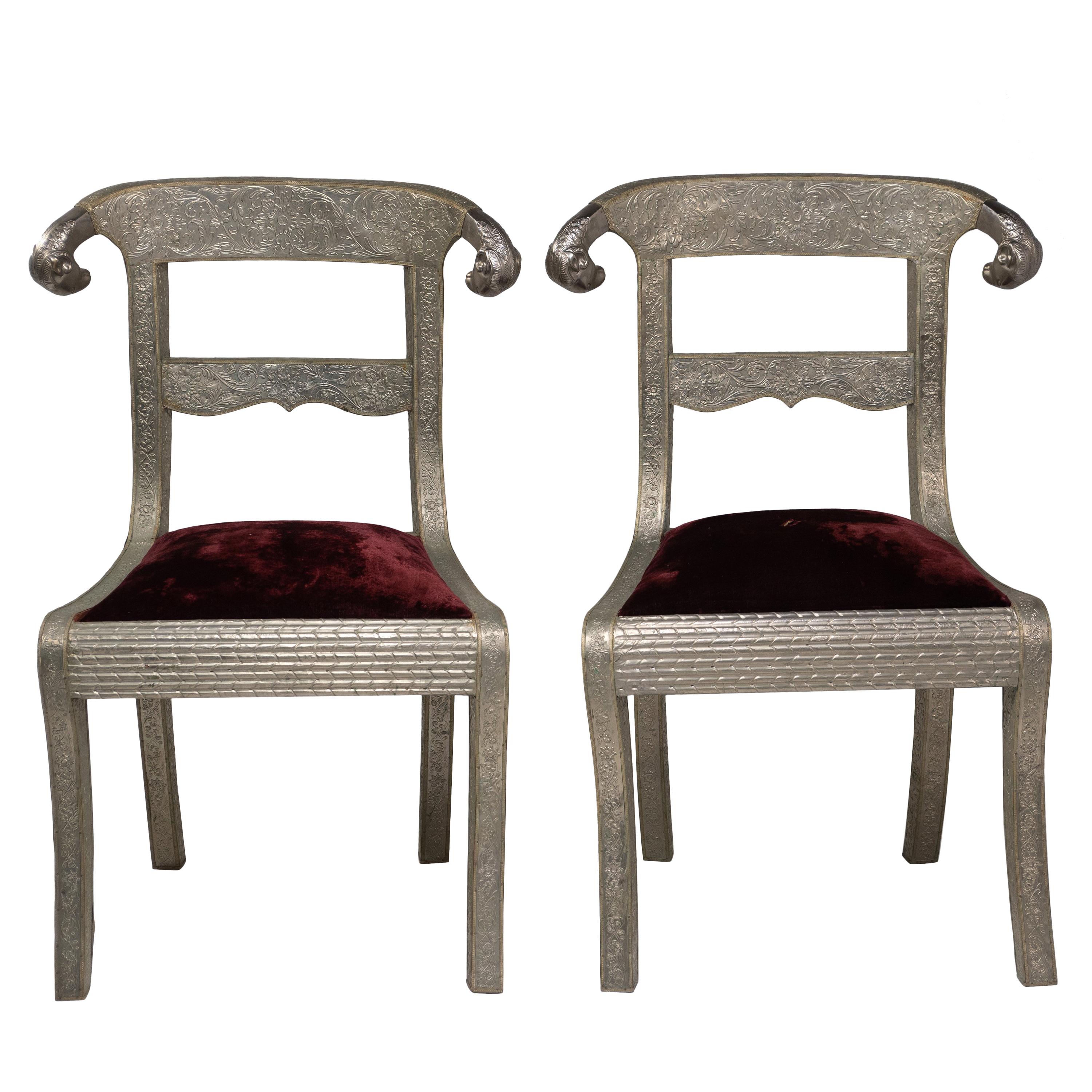 Glam Pair of Anglo Indian Regency Style Rams Head Side Chairs