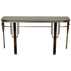 Art Deco Style Brushed Steel Rococo Console Table Smoked Glass Hollywood Regency