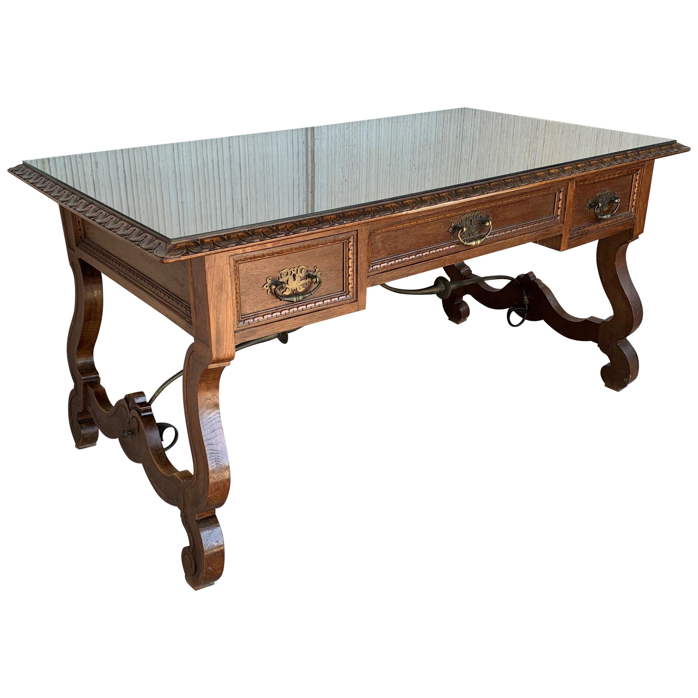 20th Spanish Desk or Library Carved Oak Table with Three Drawers & Stretcher