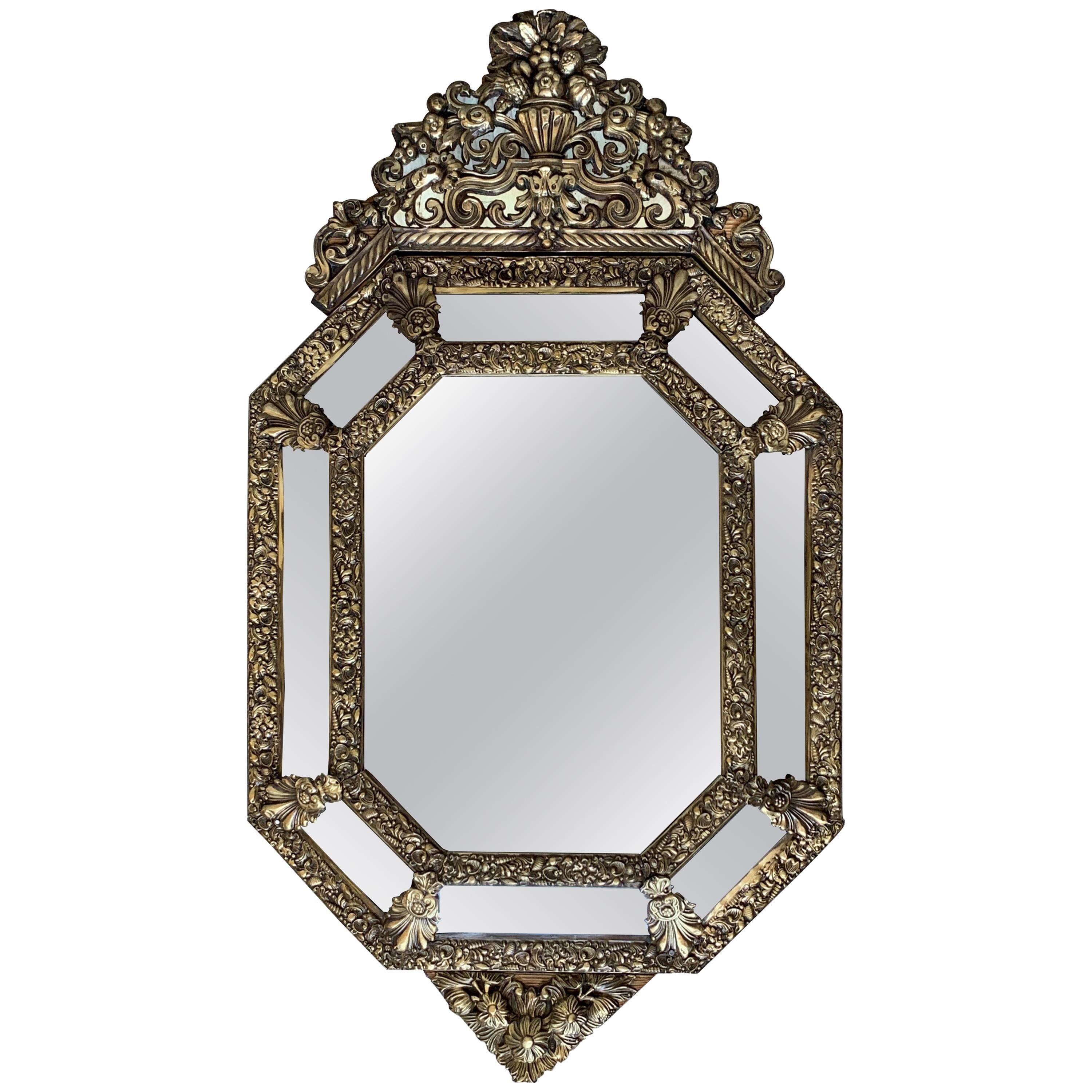 19th Century French Repousse Hexagonal Brass Relief Wall Mirror with Crest