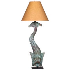 Antique French Verdigris Copper Dolphin Waterspout Custom Lamp, circa 1895
