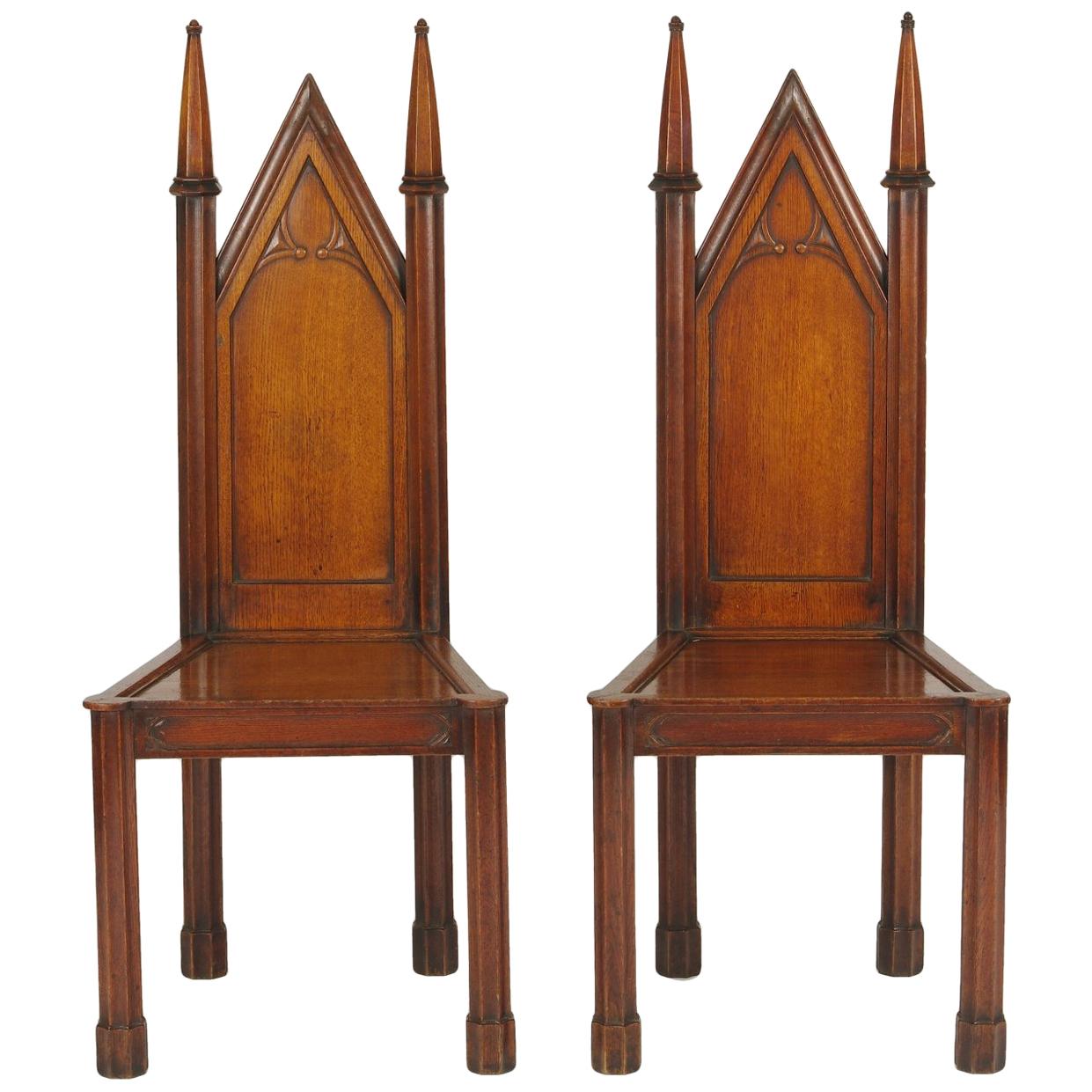 Pair of George III Oak Gothic Hall Chairs, circa 1800