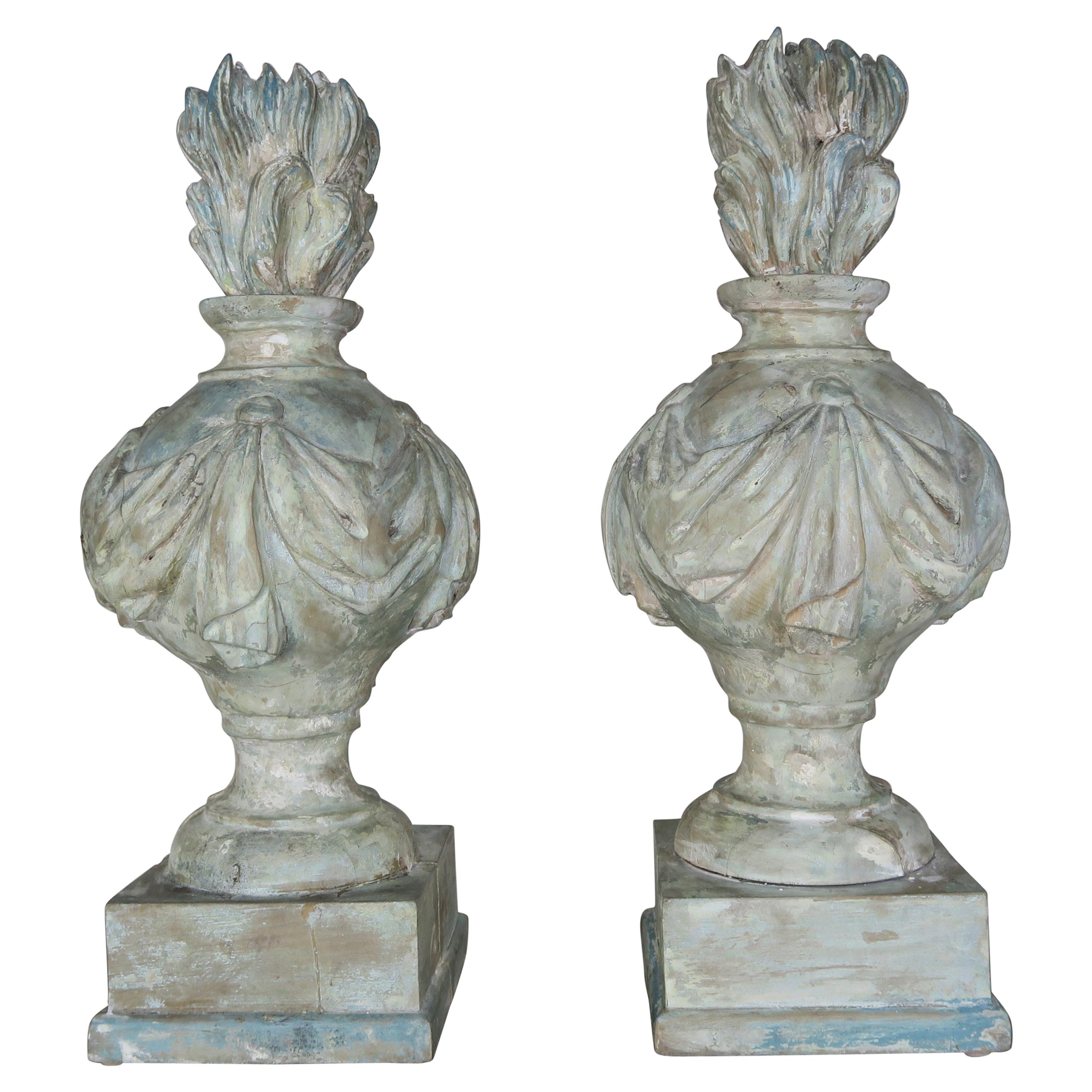 Pair of Grand 19th Century Carved Wood Painted Flamed Finials
