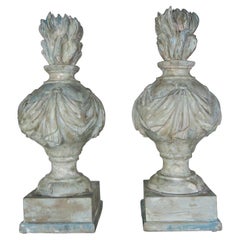 Pair of Grand 19th Century Carved Wood Painted Flamed Finials