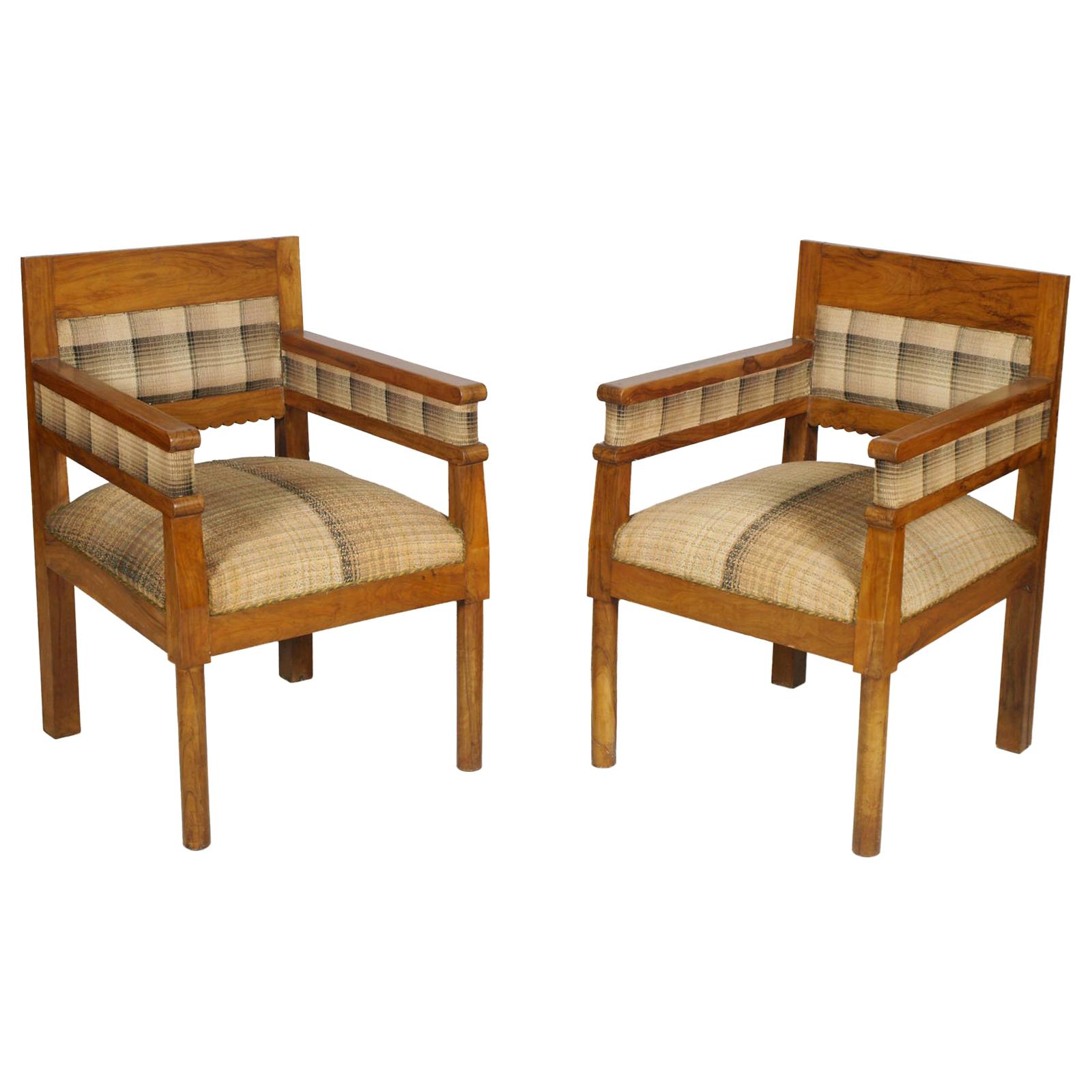 Italy Early 20th Century Art Deco Pair Armchairs, Solid Olive Wood, Wax Polished