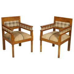 Antique Italy Early 20th Century Art Deco Pair Armchairs, Solid Olive Wood, Wax Polished