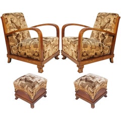 Early 20th Century, Pair of Italy Art Deco Armchairs with Footrest, in Walnut