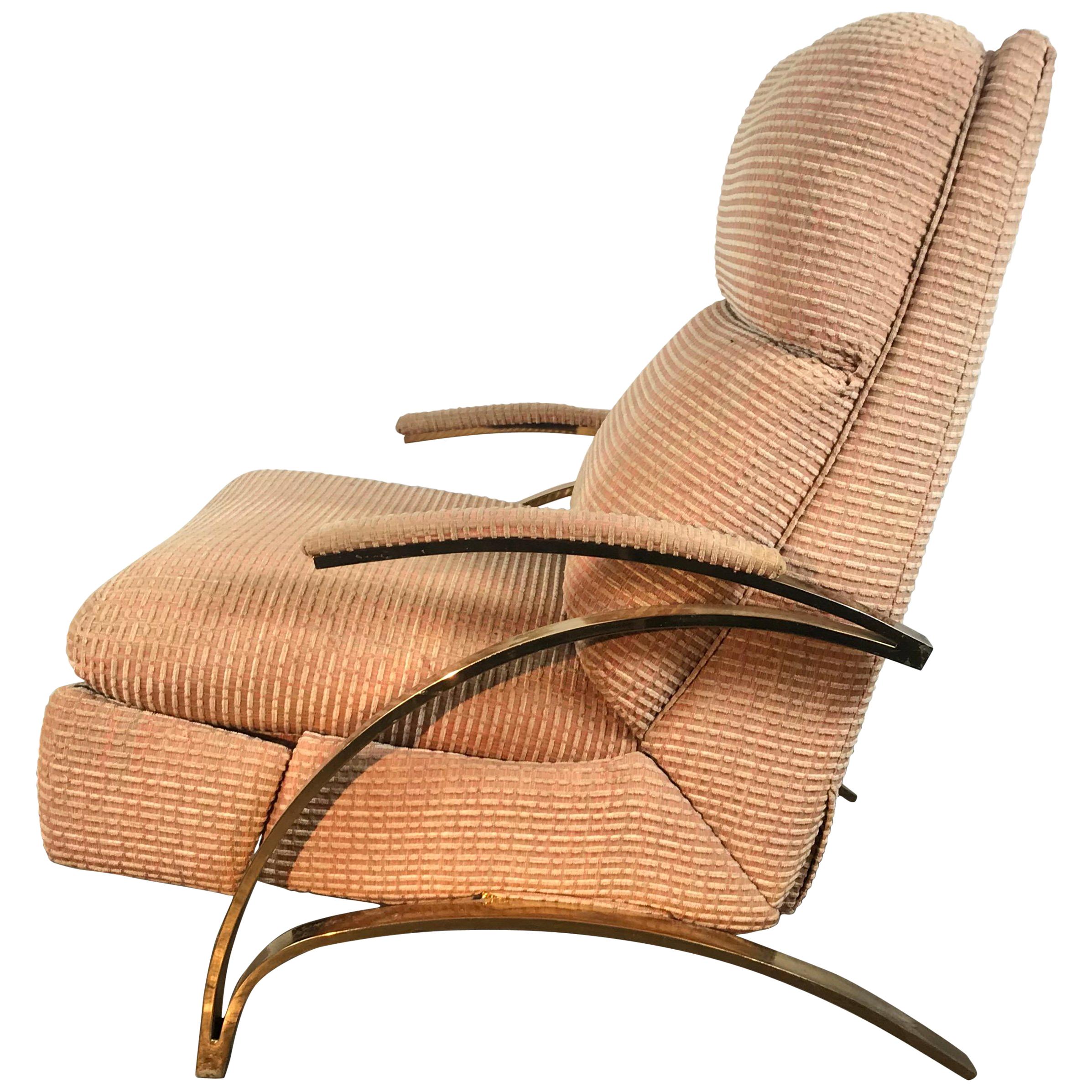 Stunning Brass Cantilever Recliner Lounge Chair, after Milo Baughman