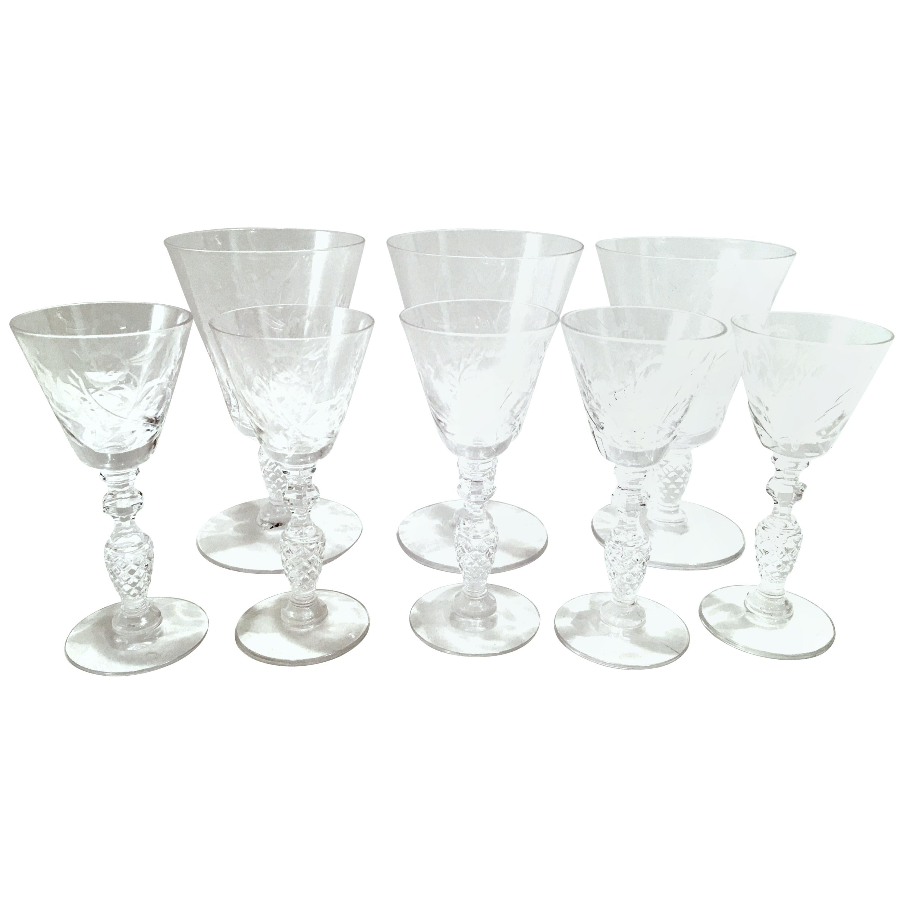 Mid-20th Century American Cut and Etched Crystal Stem Glasses S/8 For Sale