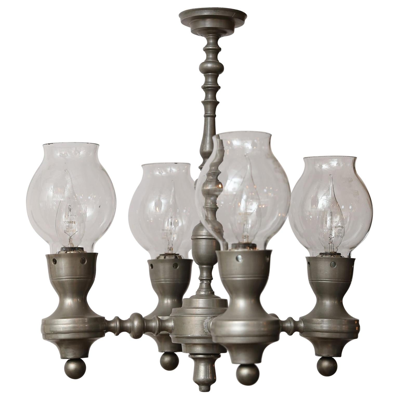 Unusual Pewter Chandelier with Glass hurricanes in Country Style. For Sale
