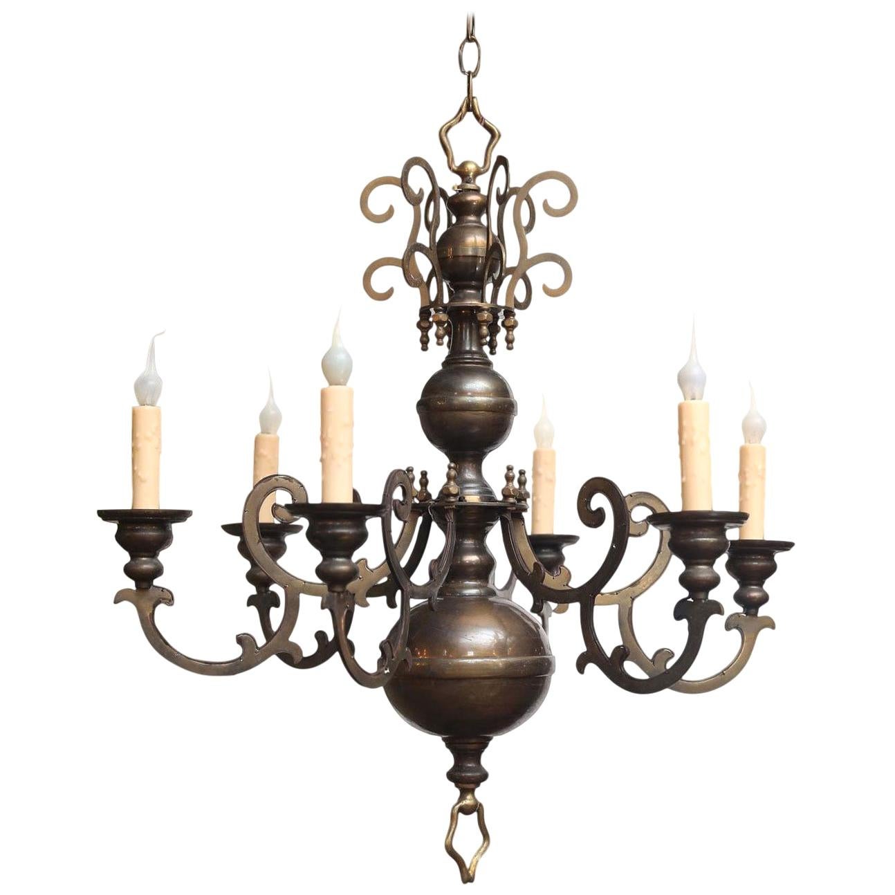 Antique Bronze Georgian-Style Chandelier with Flat Arms and Beautiful Patina