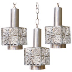 Set of Three Kinkeldey Chrome and Glass Mid Century Modern Pendants