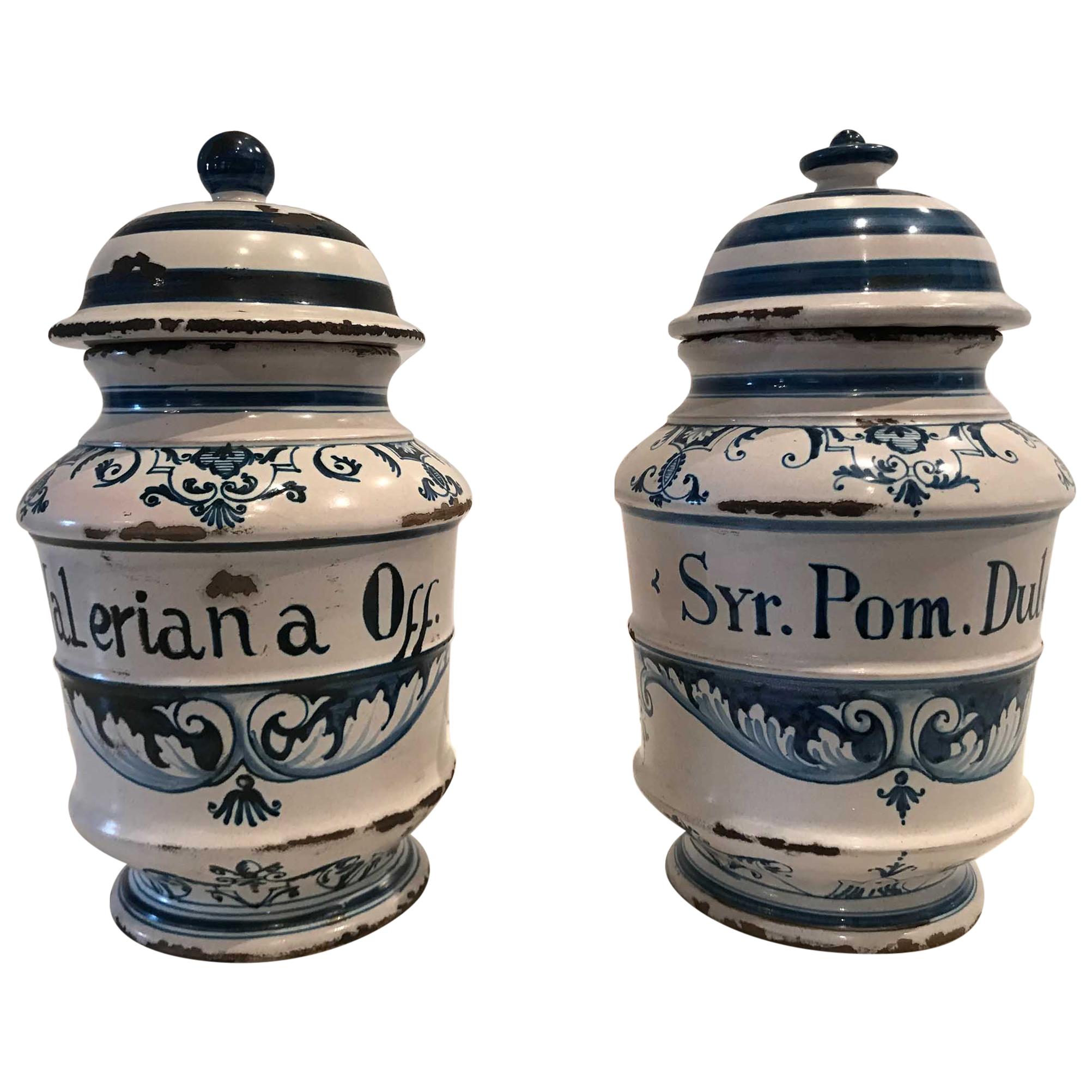 Pair of 18th Century Delft Blue and White Porcelain Jars with Lids For Sale