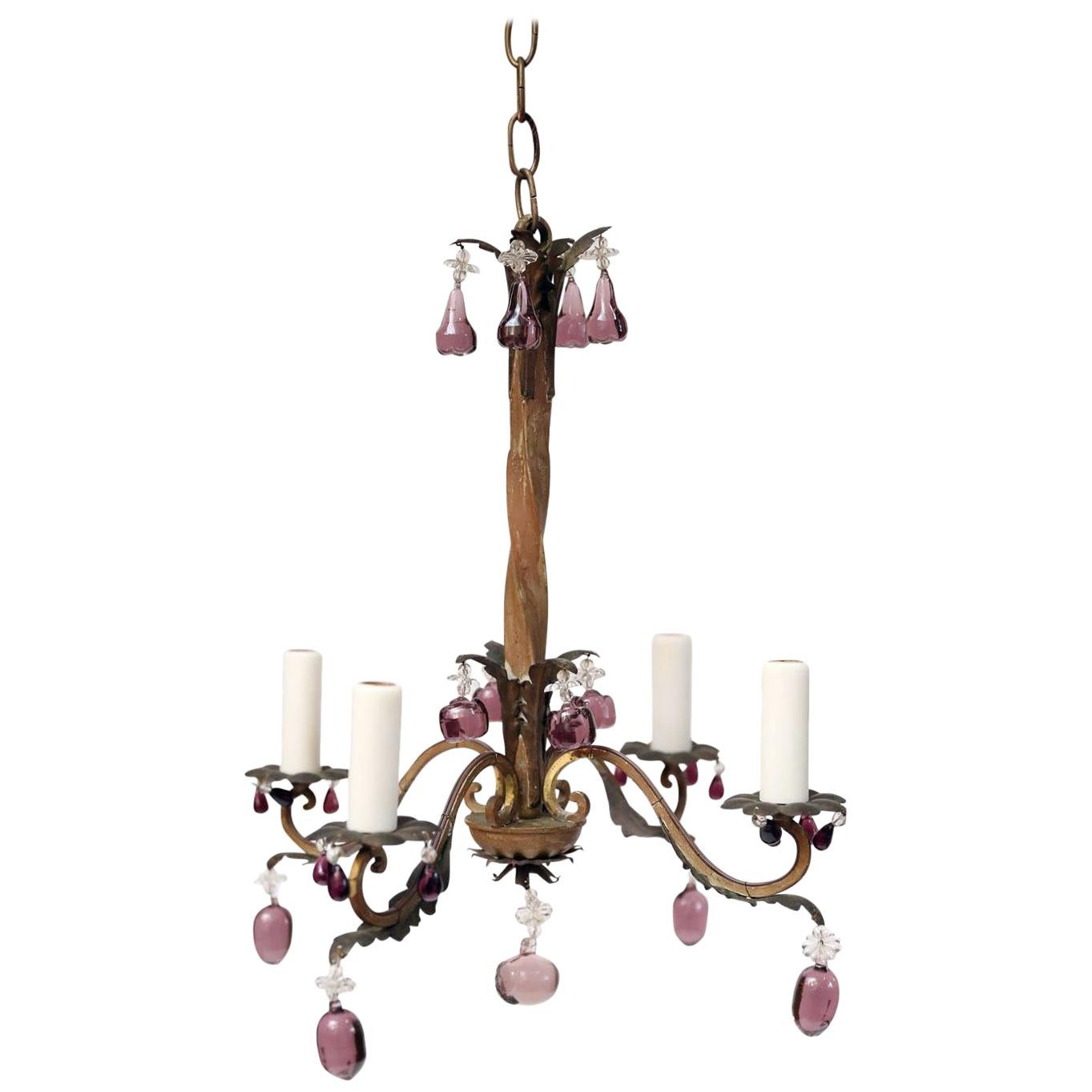 French Romantic Iron and Crystal Chandelier With Amethyst-Colored Drops