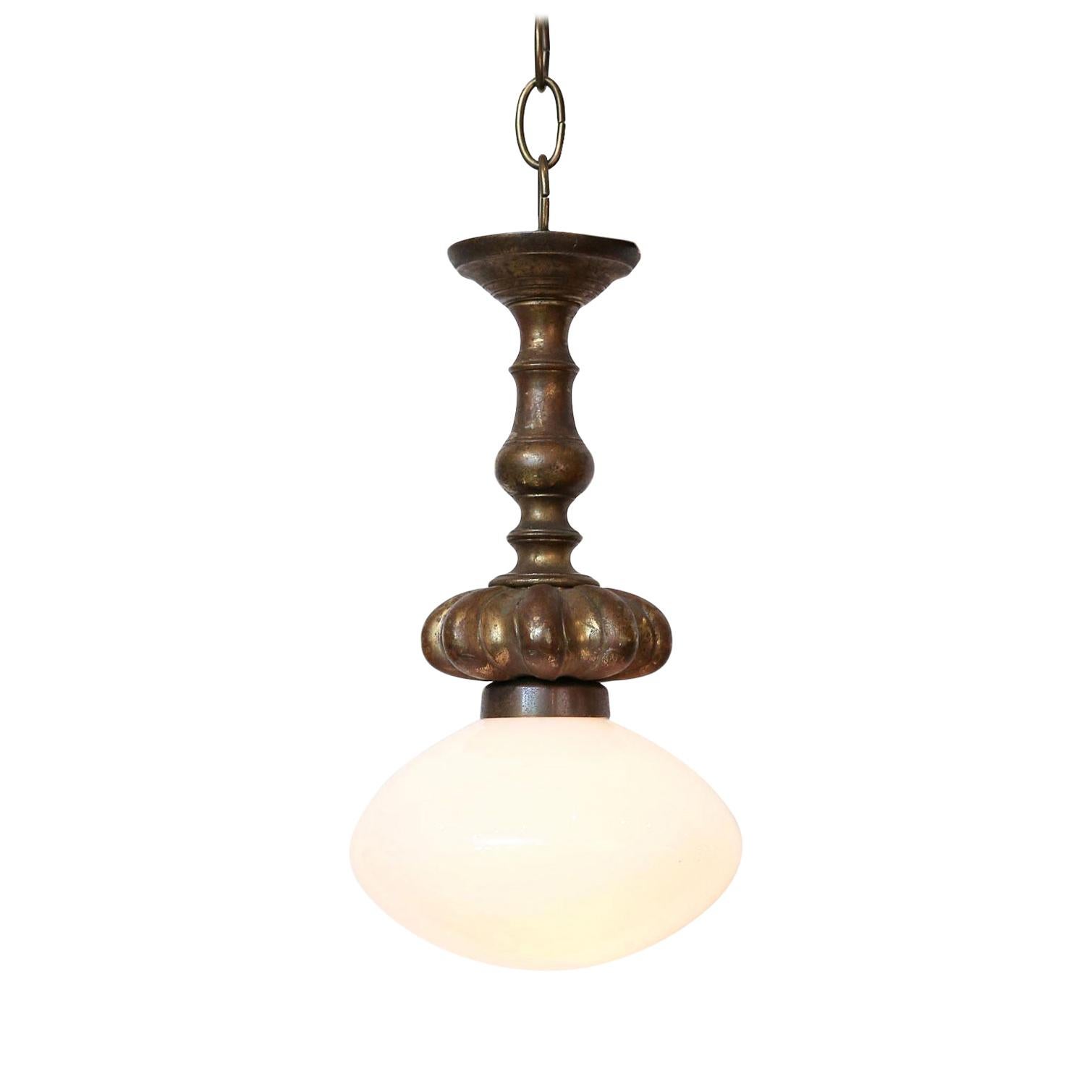 Cast French Bronze Pendant with Antique Milk Glass Shade