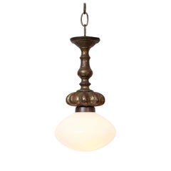 Cast French Bronze Pendant with Antique Milk Glass Shade