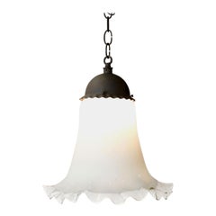 Antique Italian Milk Glass Pendant With Ruffled Hand-Blown shade