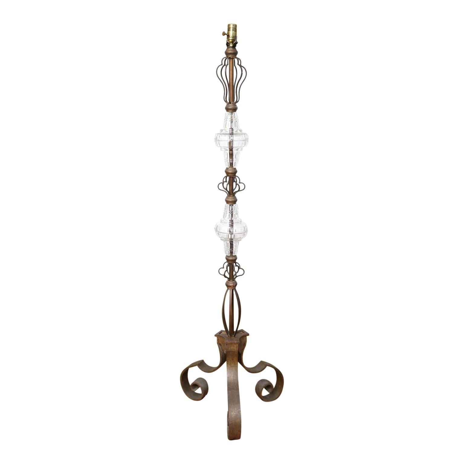 French Vintage Iron Dore and Glass Floor Lamp