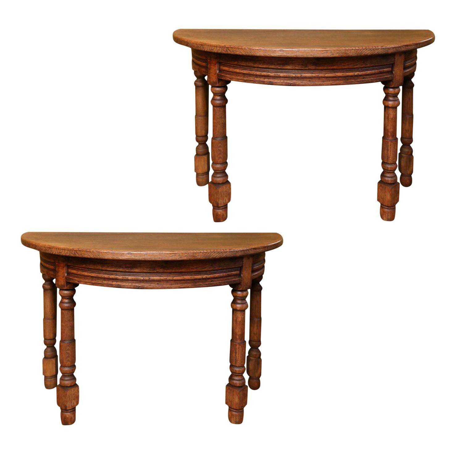 Pair of Heavy Oak Demilune Tables with Turned Legs