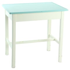 Wooden Farm Table in White and Turquoise, Czechoslovakia, circa 1950