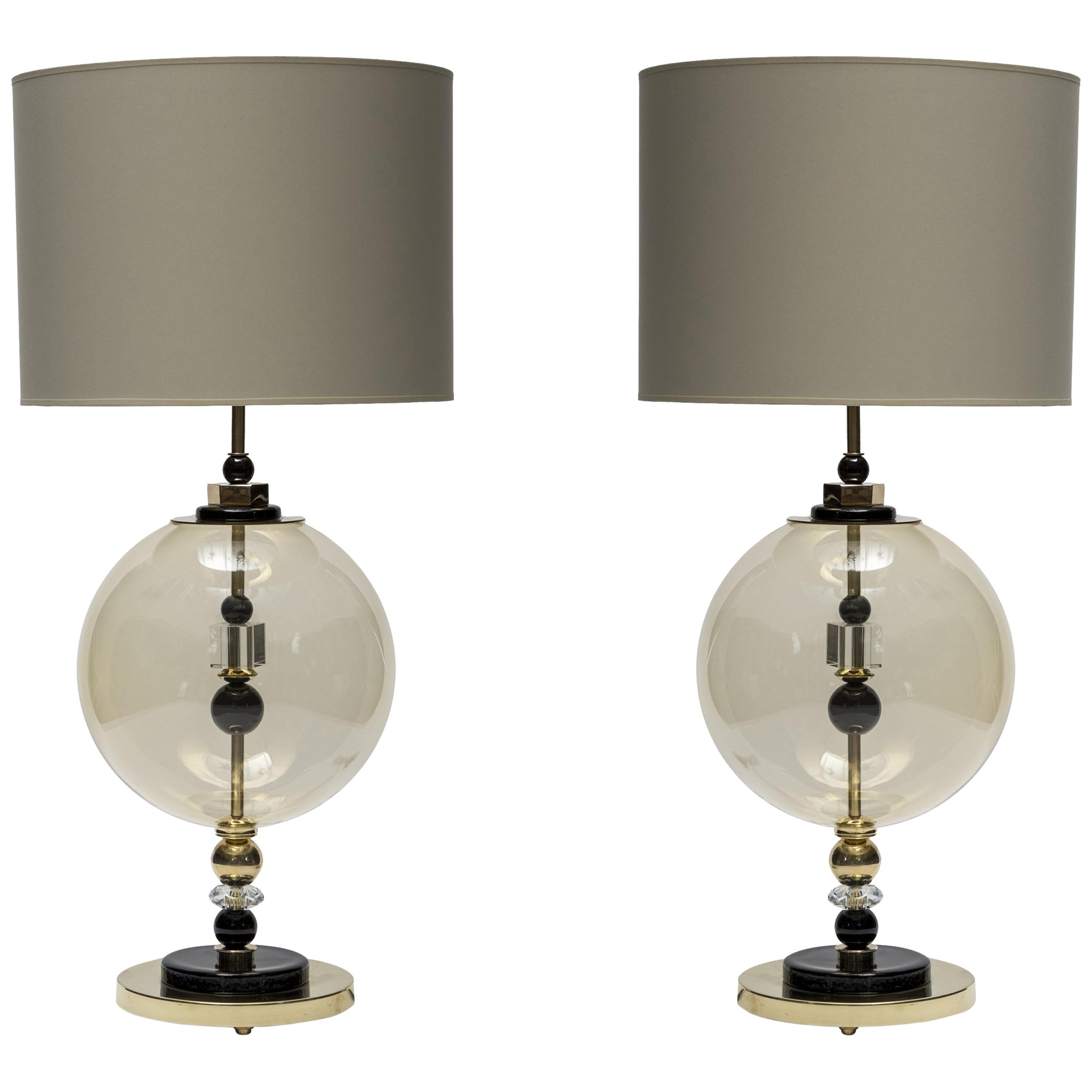 Pair of Round Brass and Murano Glass Table Lamps
