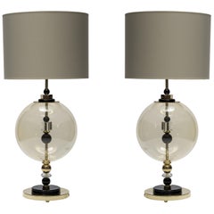 Pair of Round Brass and Murano Glass Table Lamps