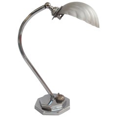 Antique Art Deco Chrome Table or Desk Lamp all adjustable with Shell Shade, circa 1920s