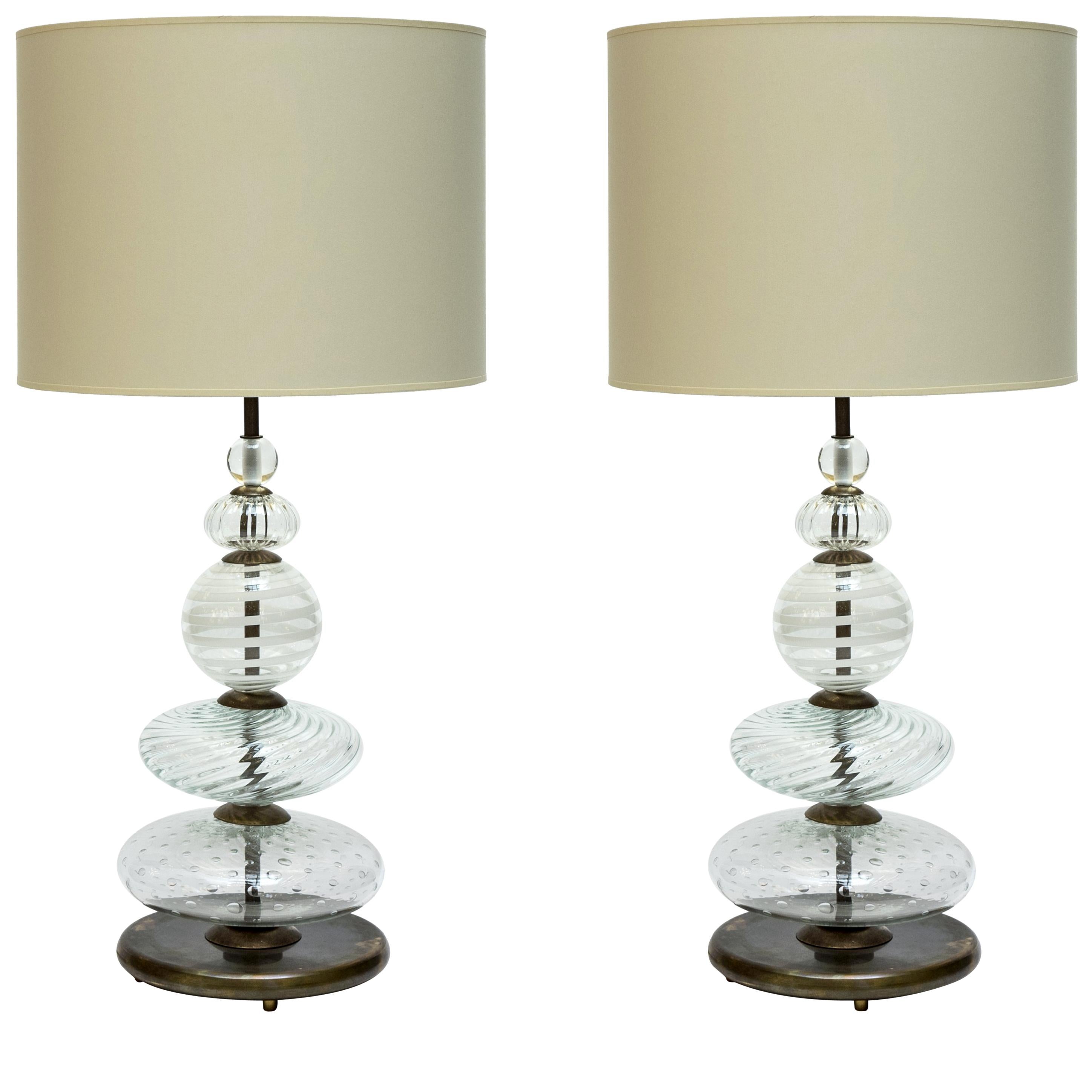 Pair of Clear and Swirled Murano Glass Table Lamps