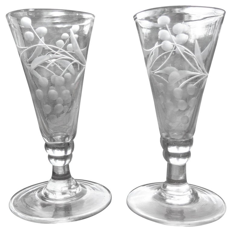 PAIR of Engraved Wine or Ale Drinking Glasses Hand Blown
