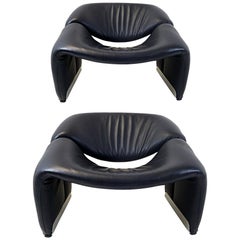 Pair of Groovy Chairs in Black Leather by Pierre Paulin for Artifort
